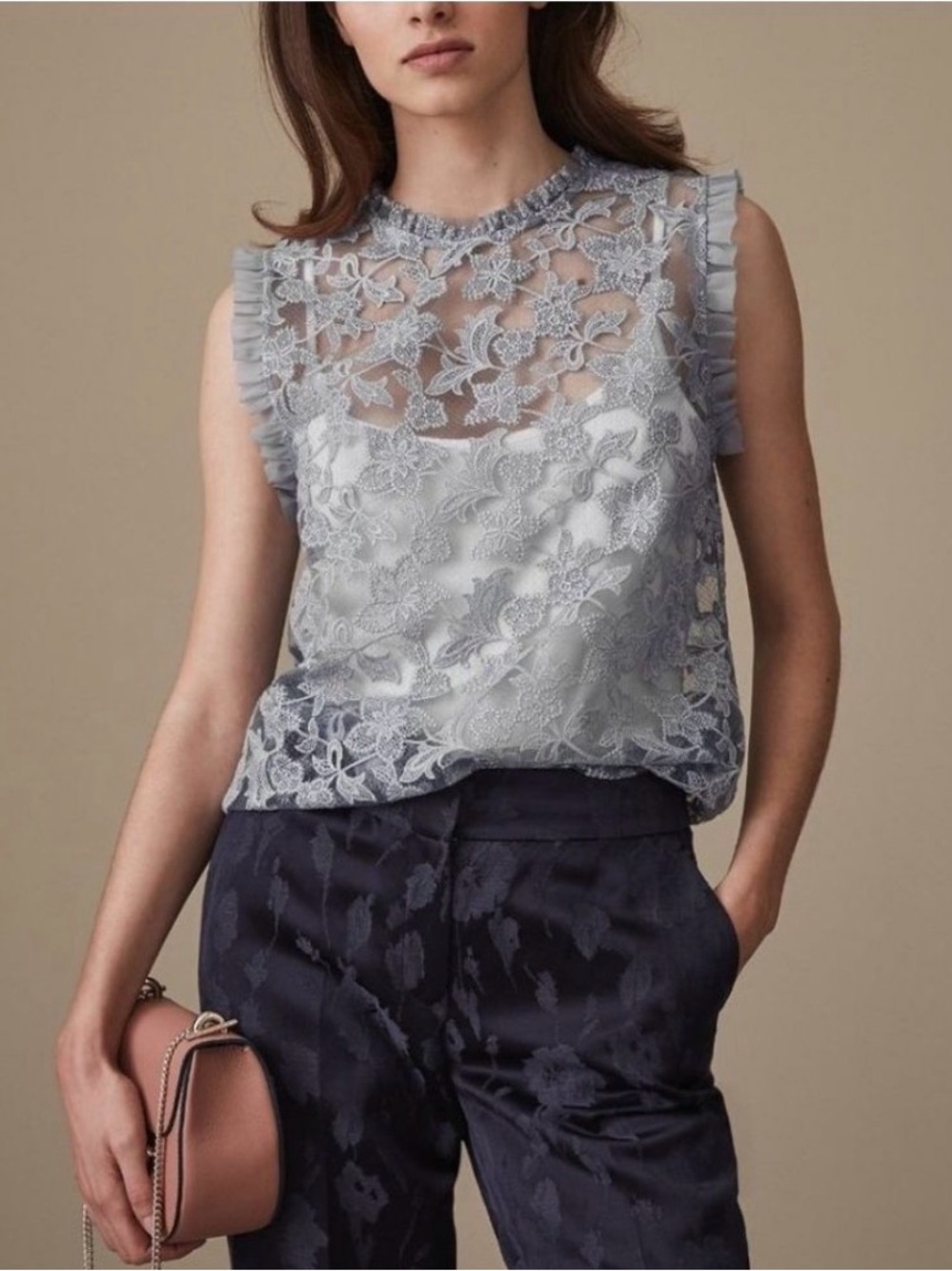 REISS Embroidered Floral Lace Sleeveless Top, US 6